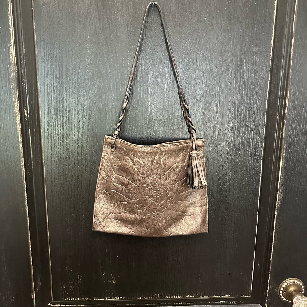 Pewter Embossed Leather Shoulder Bag